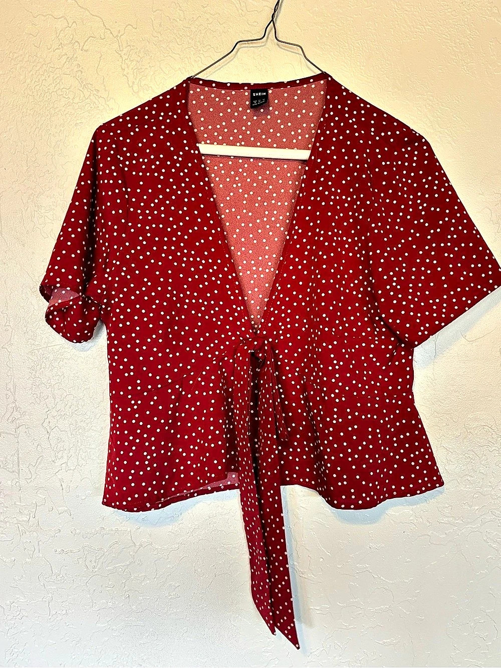 SHEIN Franclia Tie Front Polka Dot Peplum Top Red & White Medium